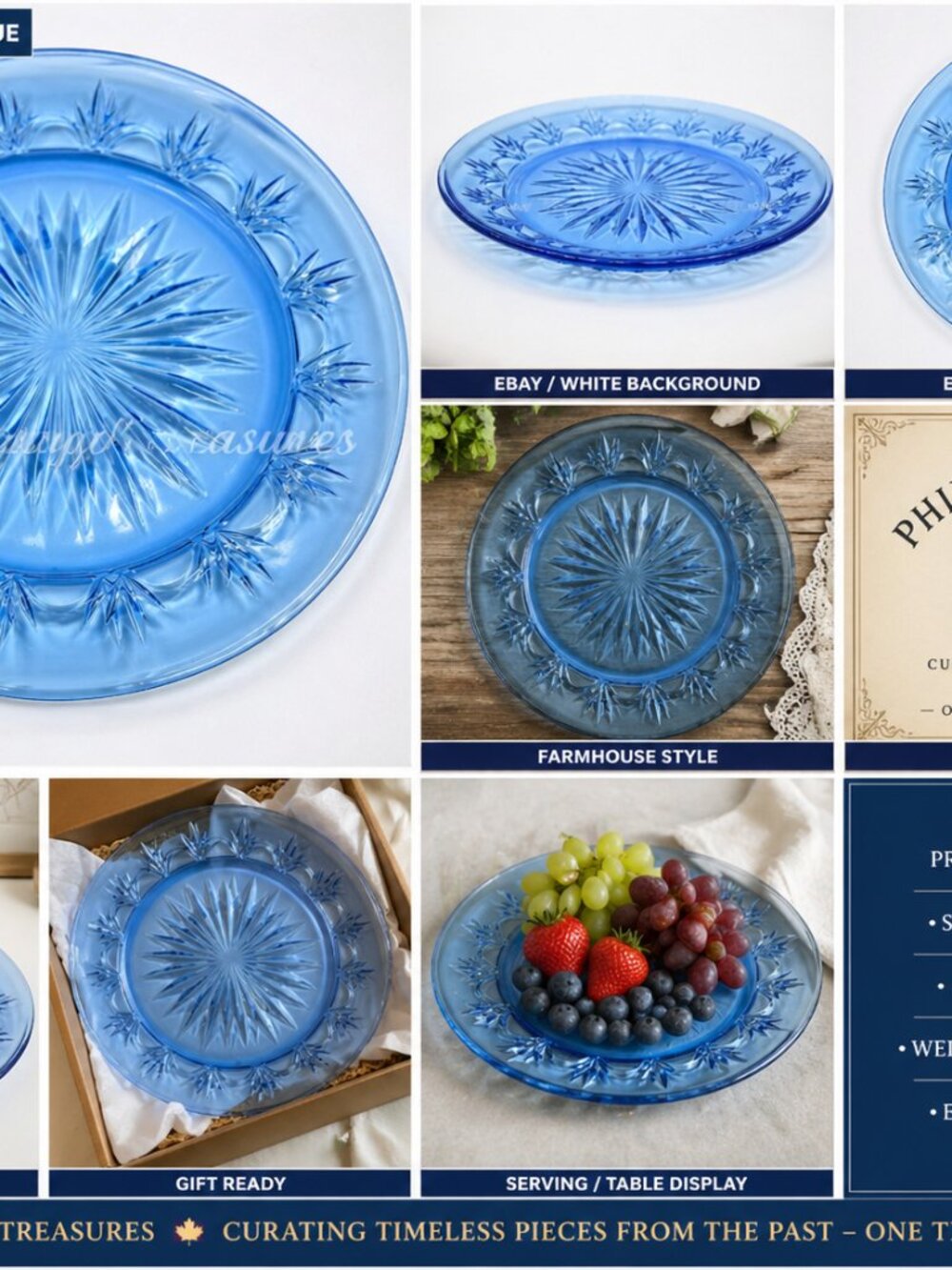 DP-05-Vintage Blue Glass Plate Starburst Pattern Retro Table Decor Collectible S